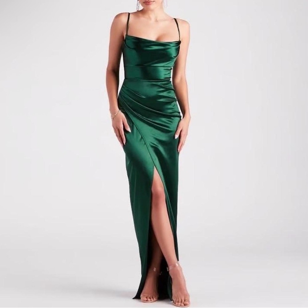 Elegant Green, Red & Baby blue  Satin Evening Dress